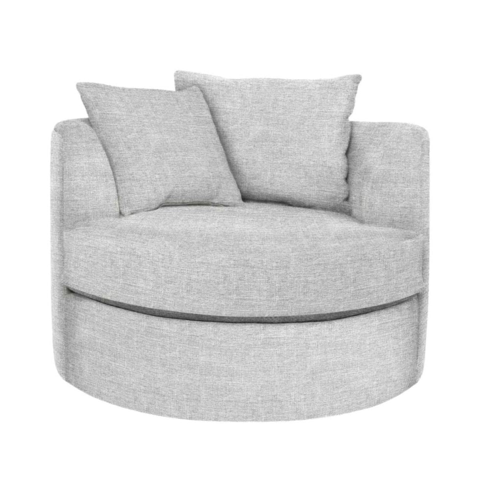 A gray cuddle chair with a plush design and pillows, built atop a swivel base, displayed against a white background in St. Albert