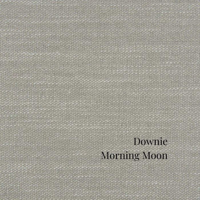 Textured gray fabric swatch with 'Downie Morning Moon' label in St. Albert