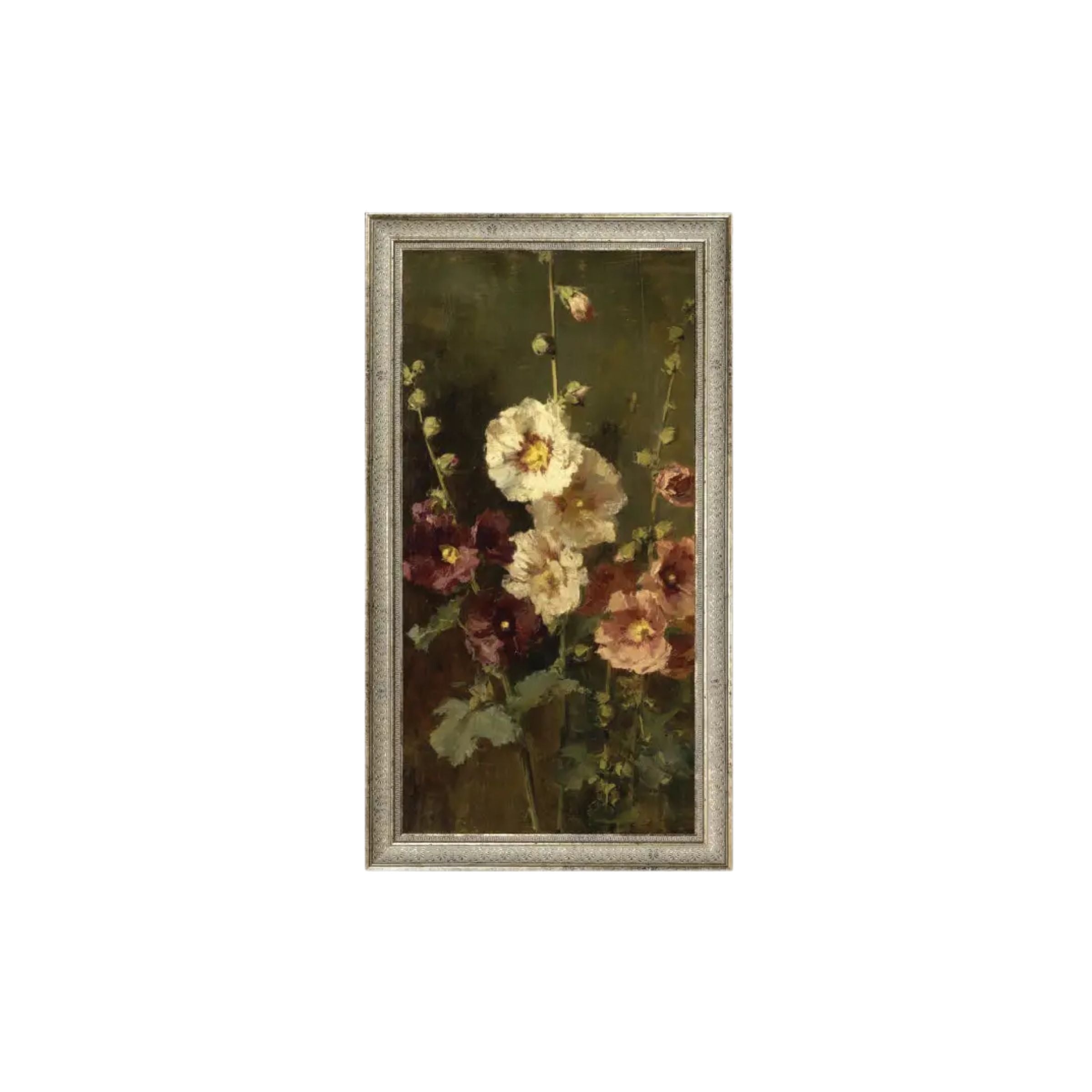 Late Summer Hollyhocks Framed Antique Art