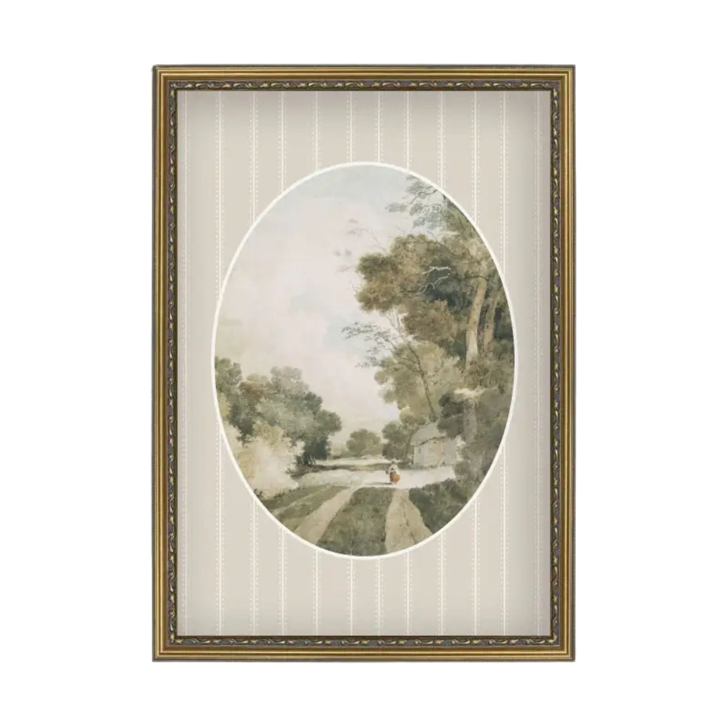 Oval Landscape with Cottages Framed Antique Art