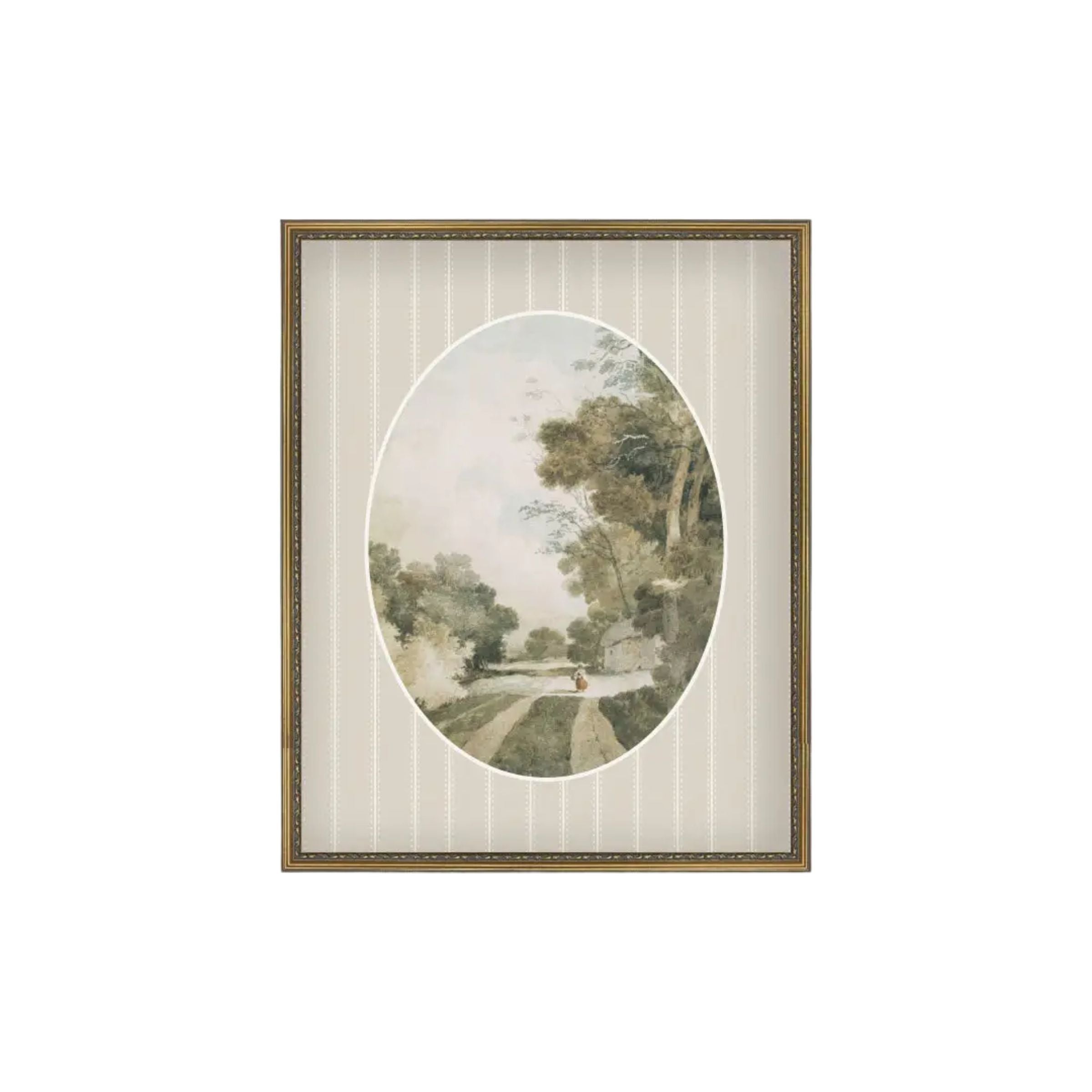 Oval Landscape with Cottages Framed Antique Art