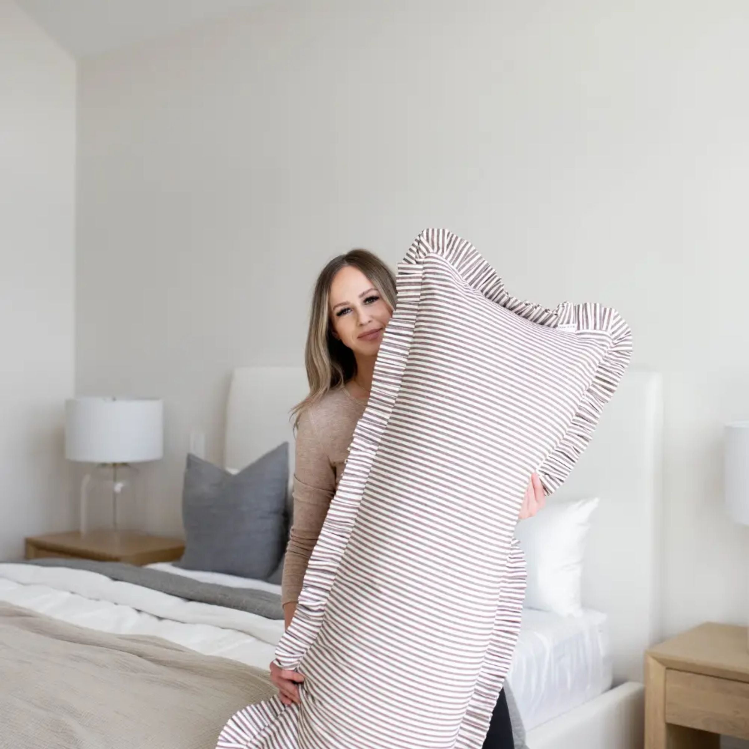 Ruffle Lumbar Striped Pillow | Brown