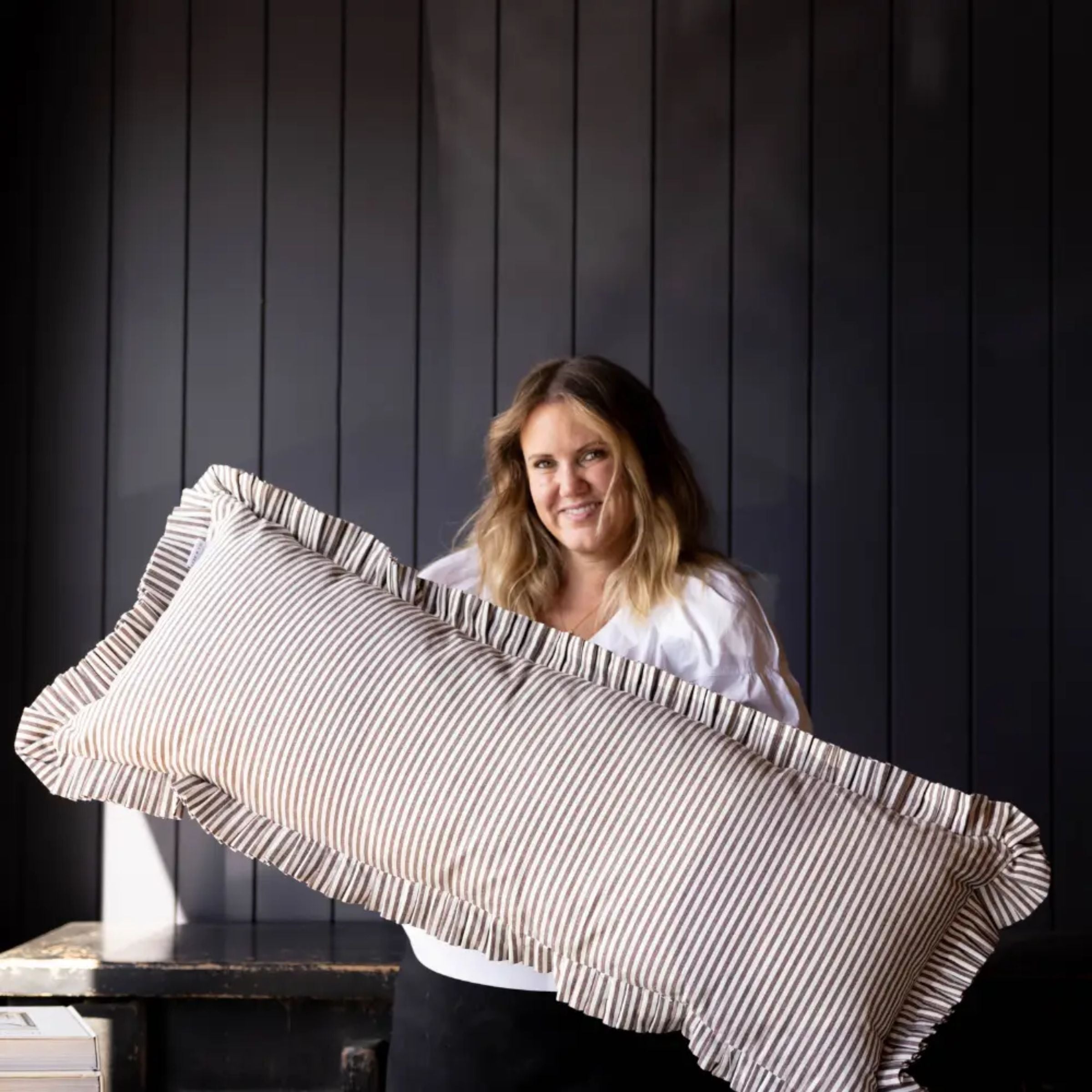 Ruffle Lumbar Striped Pillow | Brown