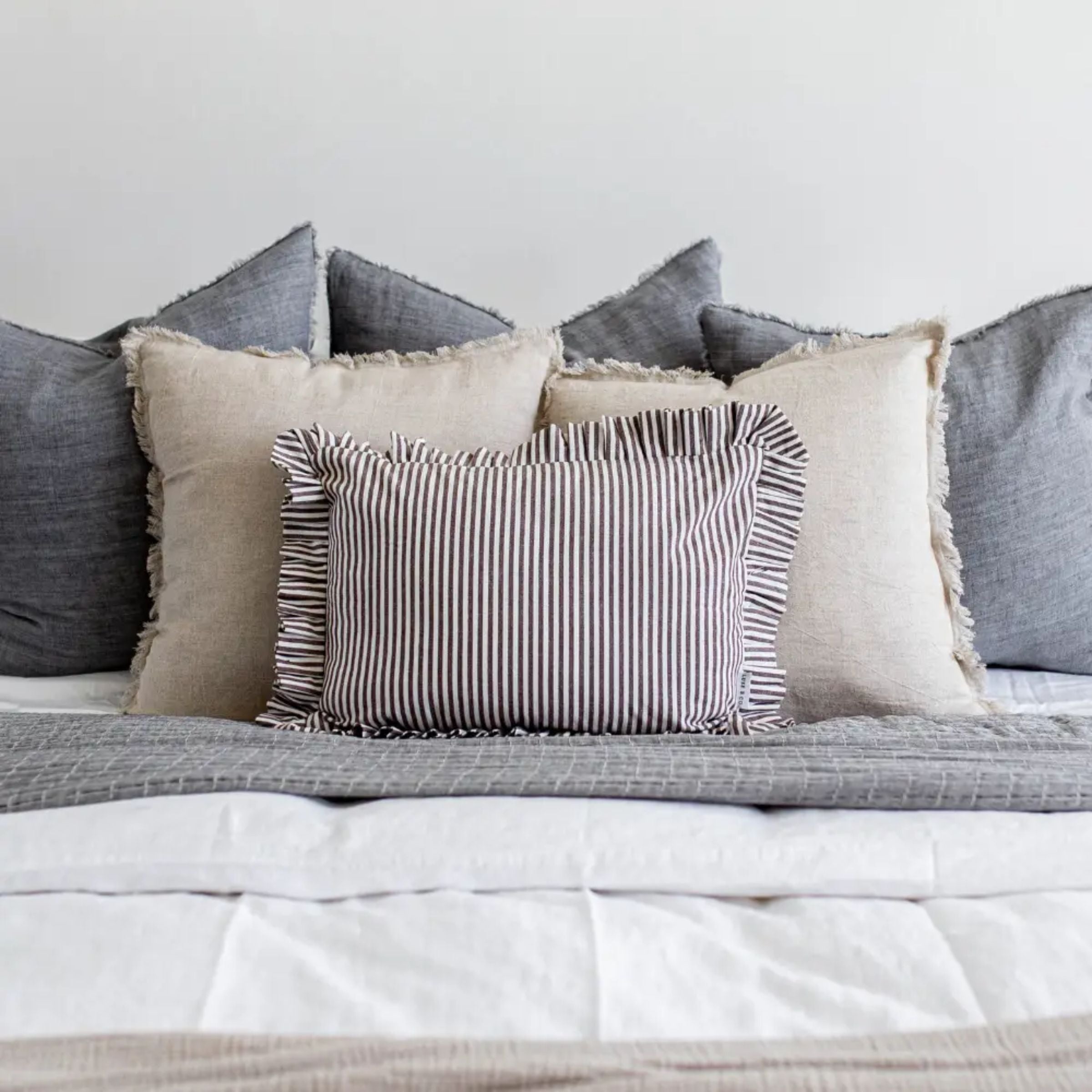 Ruffle Lumbar Striped Pillow | Brown